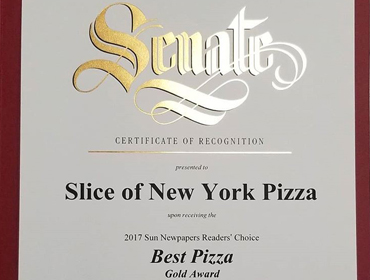 certificate of recognition presented to Slice of New York Pizza upon receiving the 2017 sun newspaper readers choice